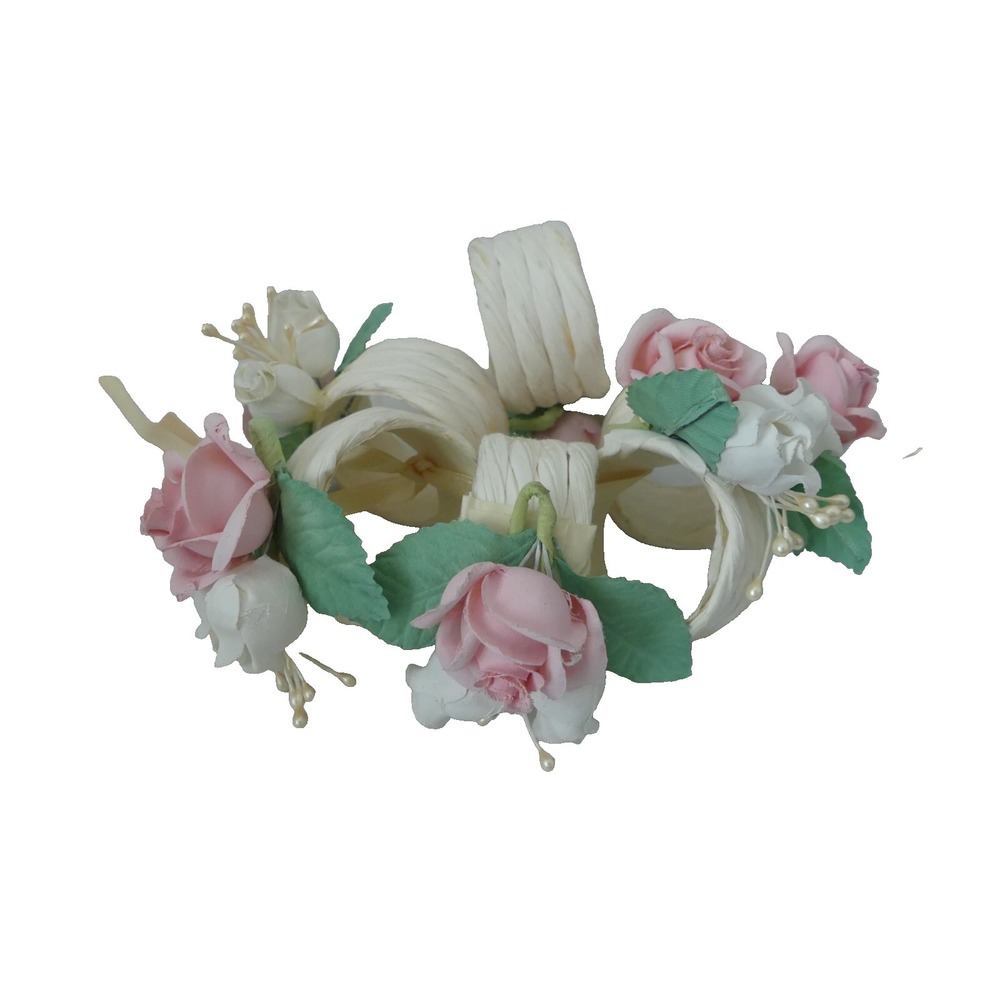 Set of 6 Napkin Rings Roses Dainty Delicate Romantic Table Raffia Wrapped Flower